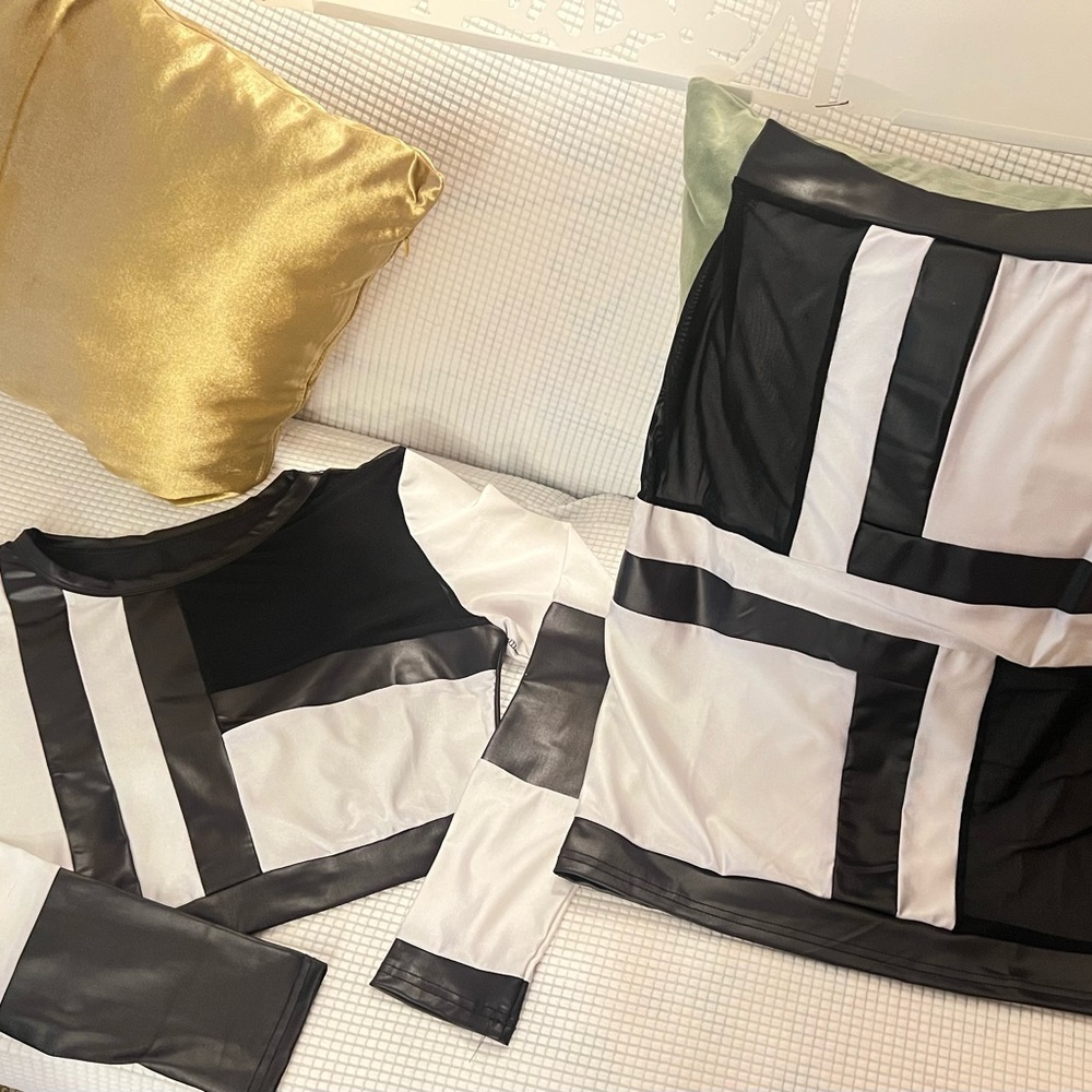Black and White Geometric Top and Skirt Set